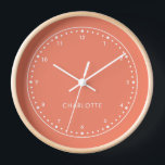 Coral Pink | Modern Name Cute Girly Trendy Stylish Clock<br><div class="desc">Simpe,  stylish custom name wall clock in a modern minimlist style in coral pink. This can easily be personalized with the name or monogram of a loved one for a perfect one of a kind gift.</div>