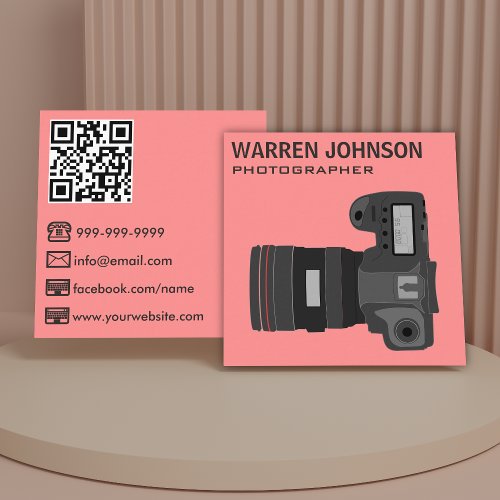 Coral Pink Modern Photographer QR Code Square Business Card
