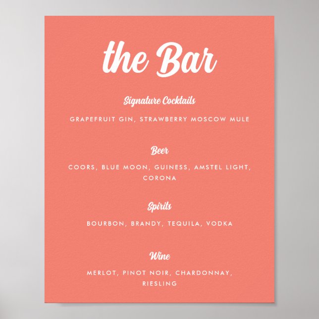 Coral Pink Modern Script Wedding Bar Menu Poster (Front)