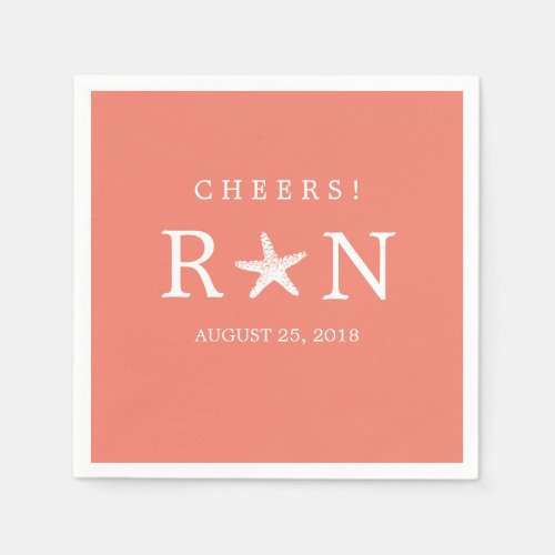 Coral Pink Monogram Starfish  Wedding Paper Napkins