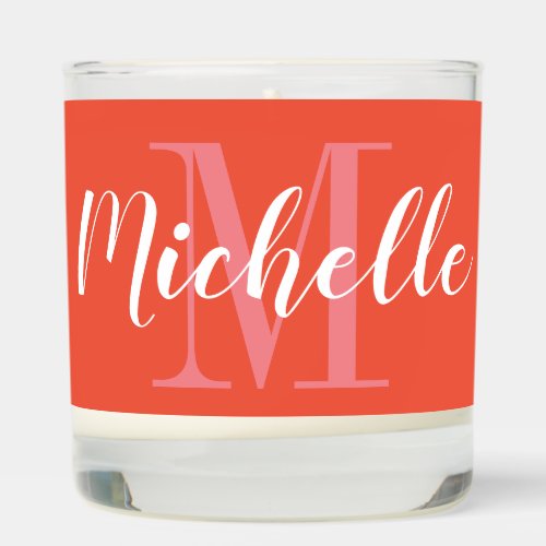 Coral pink monogrammed scented candle with lid