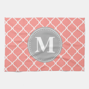 Coral Pink Moroccan Lattice Grey Monogram Kitchen Towel