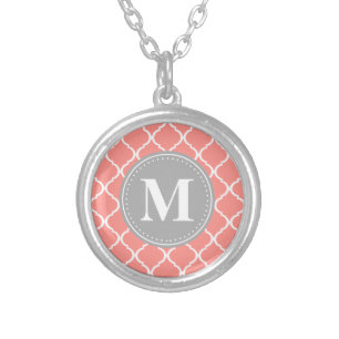 Coral Pink Moroccan Lattice Grey Monogram Silver Plated Necklace