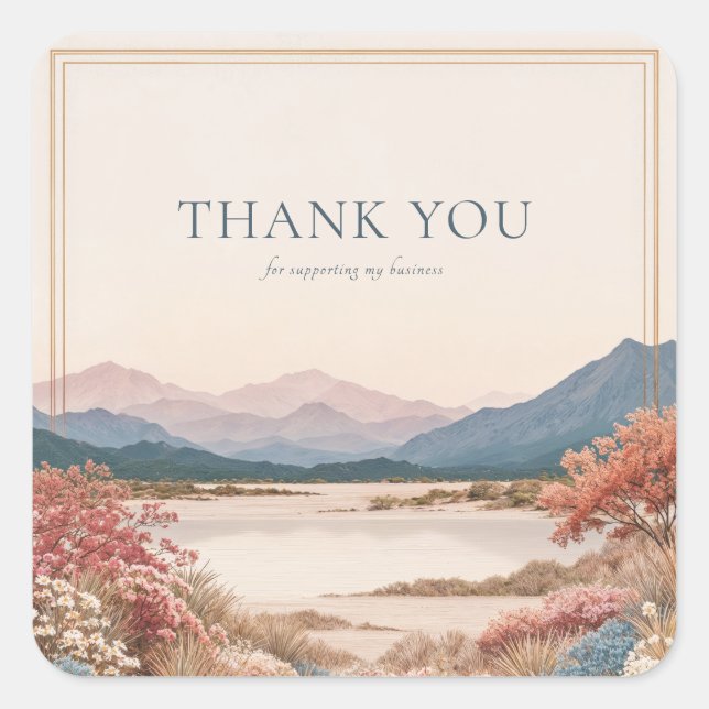 Coral Pink Mountain Landscape Serene Vista Gold Square Sticker (Front)