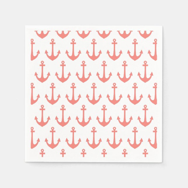 Coral Pink Nautical Anchor Pattern Paper Napkins (Front)