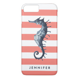 Coral pink Nautical Seahorse personalized monogram iPhone 8 Plus/7 Plus Case