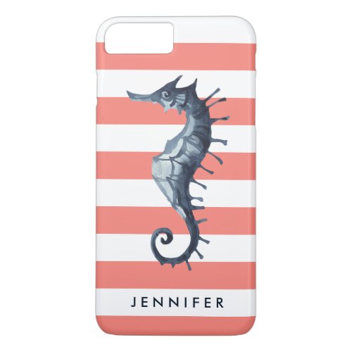 Coral pink Nautical Seahorse personalized monogram iPhone 8 Plus7 Plus Case