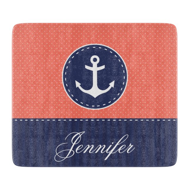 Coral Pink Navy Blue Anchor Custom Text Cutting Board (Front)