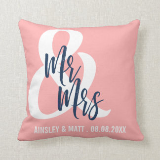 Coral Pink & Navy Blue | Mr & Mrs Custom Names Throw Pillow