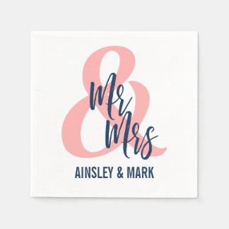 Coral Pink & Navy Blue Mr & Mrs Wedding Paper Napkins