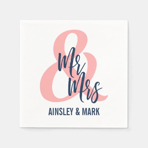 Coral Pink  Navy Blue Mr  Mrs Wedding Paper Napkins