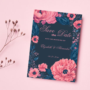 Coral pink navy blue watercolor flor Save the Date Invitation
