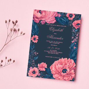 Coral pink navy blue watercolor floral Wedding Invitation