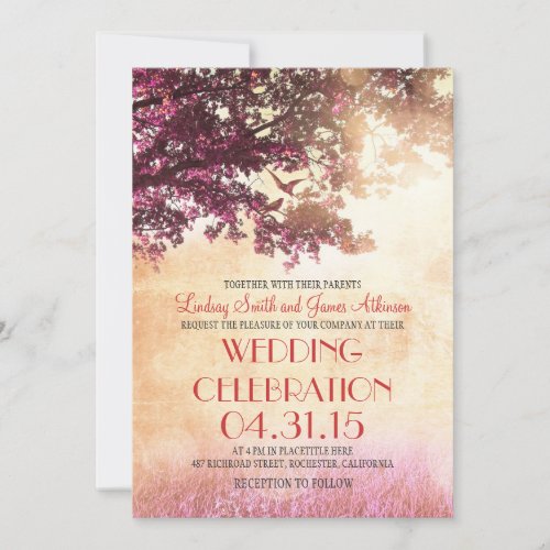 Coral pink oak tree  love birds wedding invites
