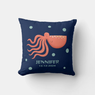 Coral Pink Octopus on Navy – Coastal Sea Design Throw Pillow