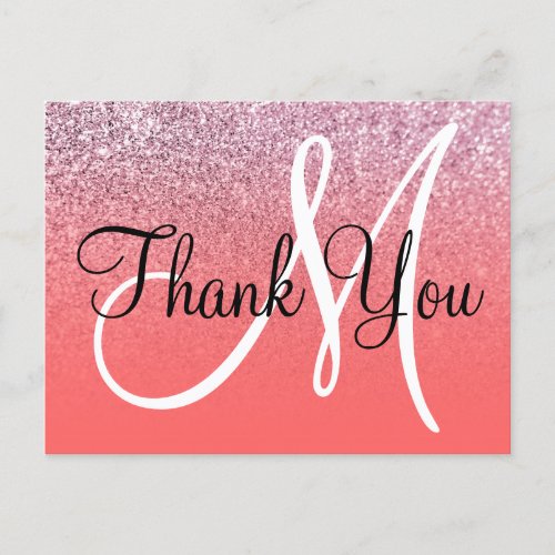 Coral Pink Ombre Glitter Monogram Thank You Postcard