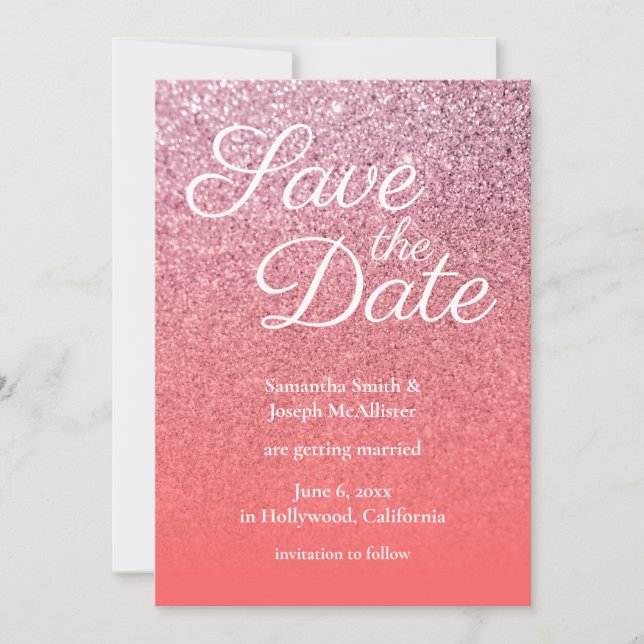 Coral Pink Ombre Glitter Save the Date Invitation (Front)