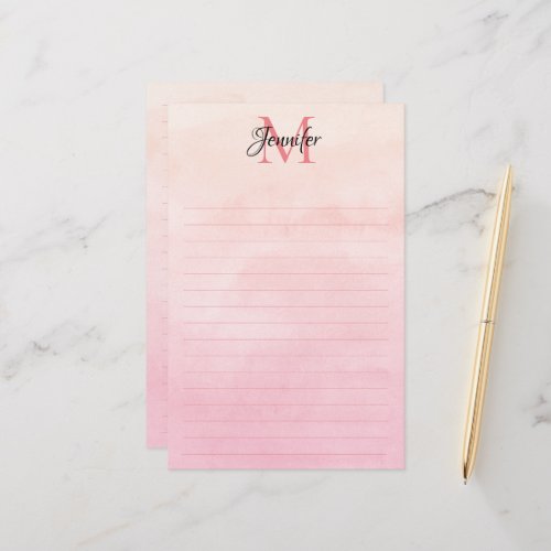Coral Pink Ombre Watercolor Monogram Stationery