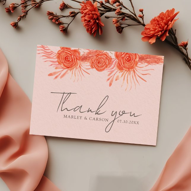 Coral Pink Orange Floral Script Wedding Thank You Card (Creator Uploaded)