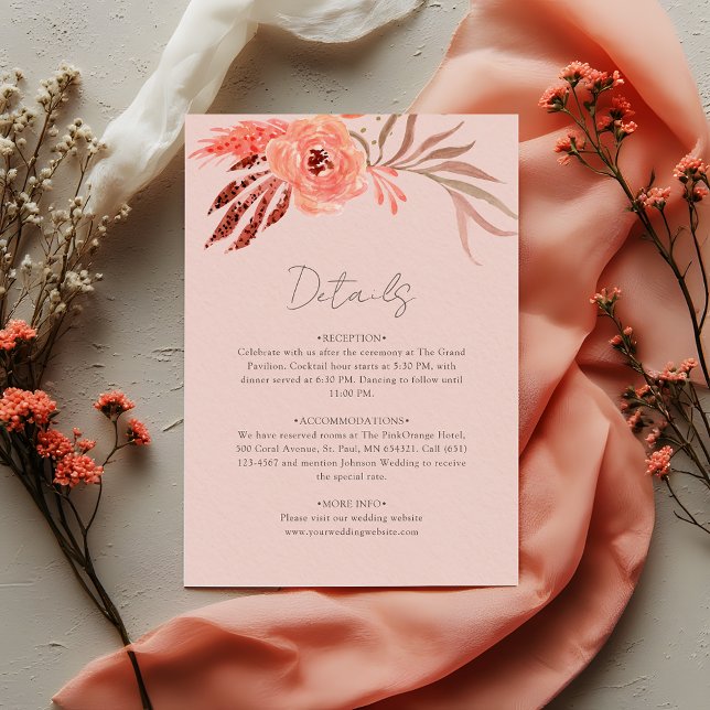 Coral Pink Orange Floral Wedding Details Enclosure Card (Creator Uploaded)