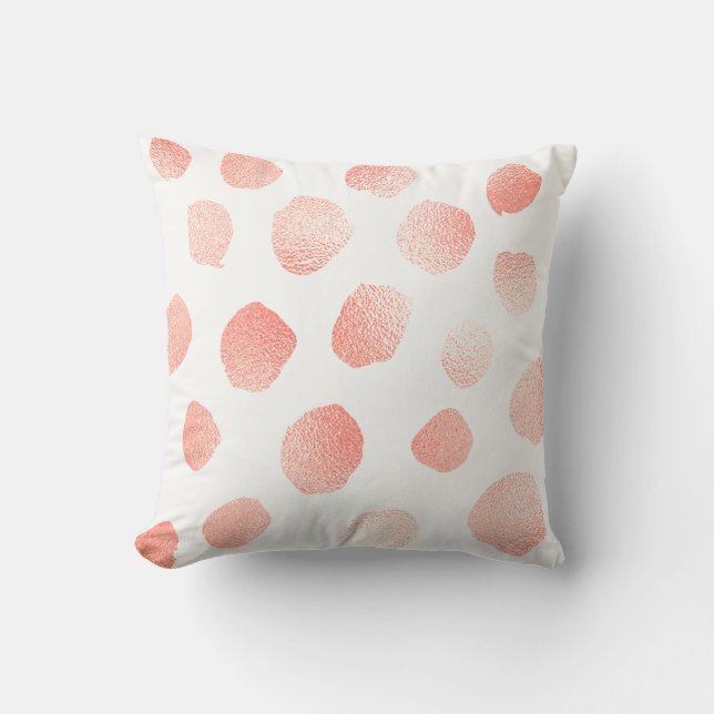 Coral Pink Painted Metallic Polka Dots White Throw Pillow (Front)