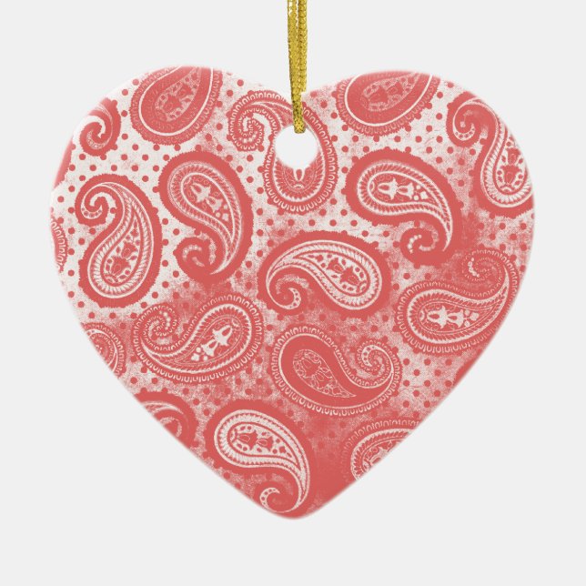 Coral Pink Paisley Heart Ceramic Ornament (Front)