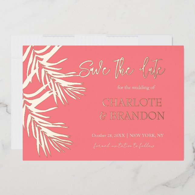 Coral Pink Palm Leaves Wedding Save The Date   Foil Invitation (Envelope)