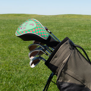Coral Pink & Pastel Green Checkered Monogram Golf Head Cover