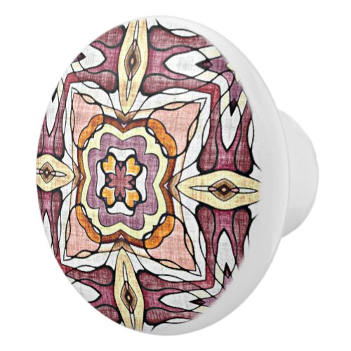 Coral Pink Peach Orange Mauve Taupe Tribal Art Ceramic Knob