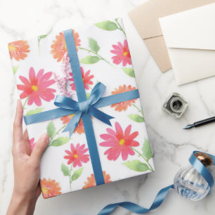 Coral Pink Peach Watercolor Daisy Pattern Wrapping Paper