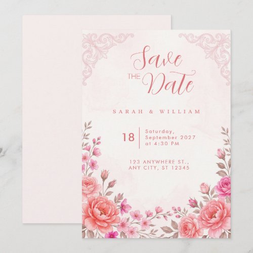 Coral Pink Peonies Filigree Wedding Invitation