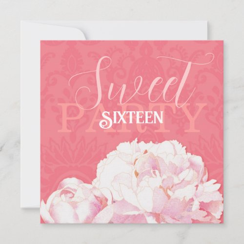 Coral Damask &amp; Pink Peony Sweet 16 Birthday Invite