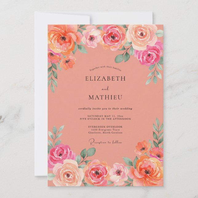 Coral Pink Peony Wedding Invitation (Front)