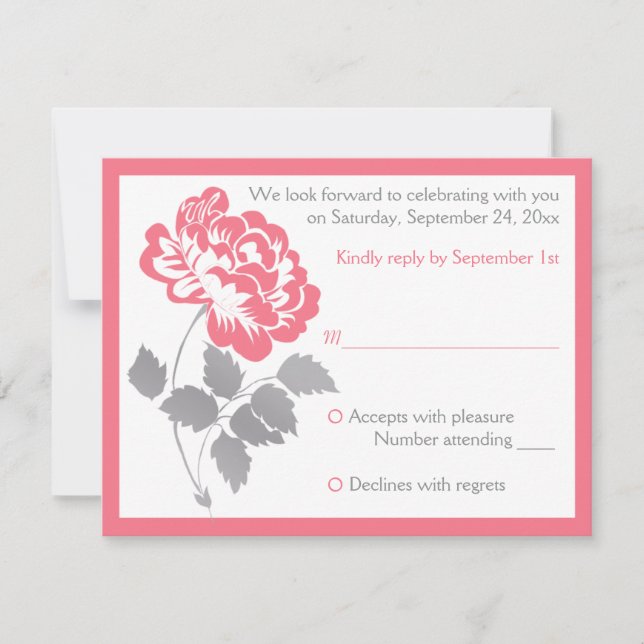 Coral Pink Peony with Gray Reply Card (Front)