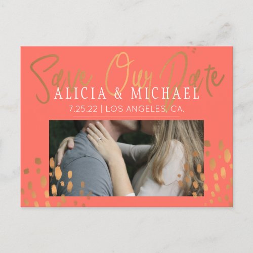 Coral Pink PHOTO Gold Typography Wedding Save Date Announcement Postcard