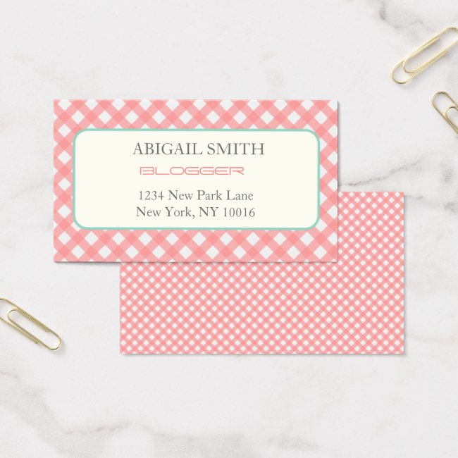 Coral Pink Plaid Print Business Card