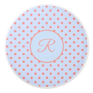 Coral Pink Polka Dots on Blue, with Monogram Ceramic Knob