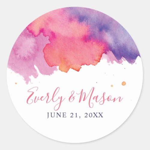 Coral Pink  Purple Abstract Watercolor Wedding Classic Round Sticker