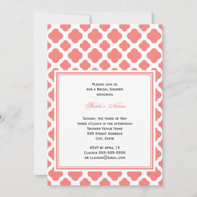 Coral Pink Quatrefoil Pattern Bridal Shower Invitation (Front)