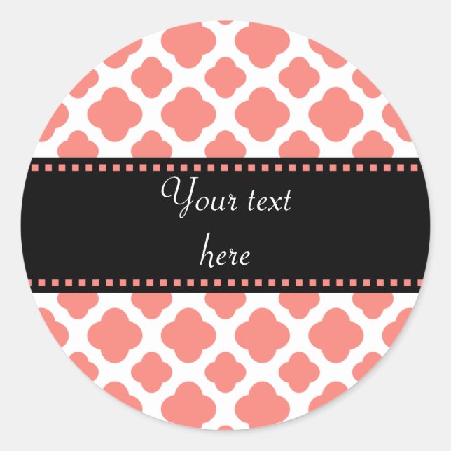 Coral Pink Quatrefoil Pattern Classic Round Sticker (Front)