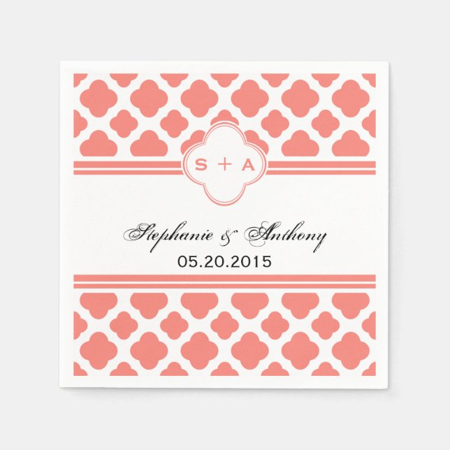 Coral Pink Quatrefoil Pattern Wedding Paper Napkins (Front)