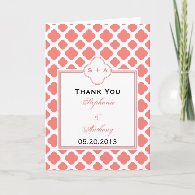 Coral Pink Quatrefoil Pattern Wedding Thank You Card (Front)