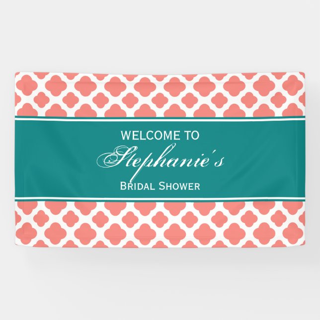 Coral Pink Quatrefoil Pattern with Teal Bridal Banner (Horizontal)