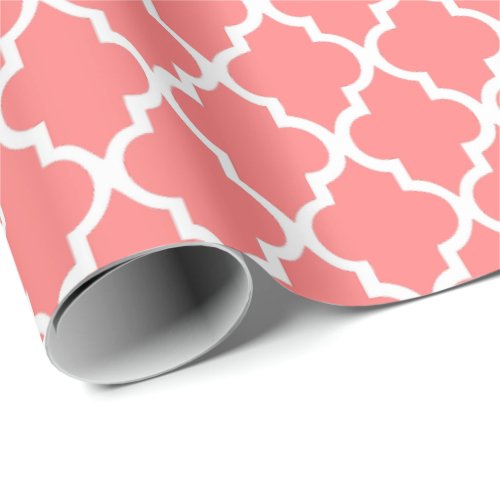 Coral Pink Quatrefoil Tiles Pattern Wrapping Paper