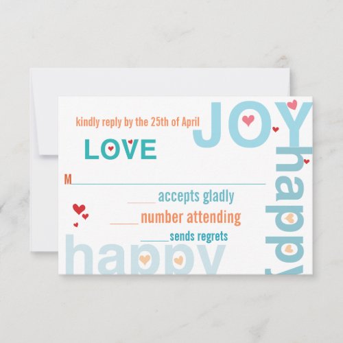 Coral Pink Red Aqua Modern Typography Wedding RSVP Card