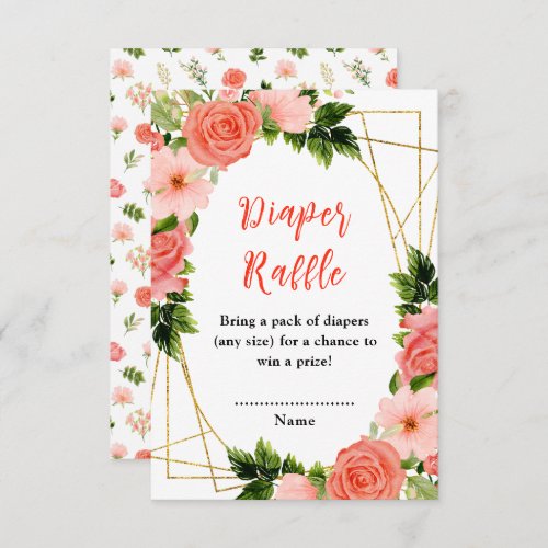 Coral Pink Red Roses Floral Baby Diaper Raffle Enclosure Card