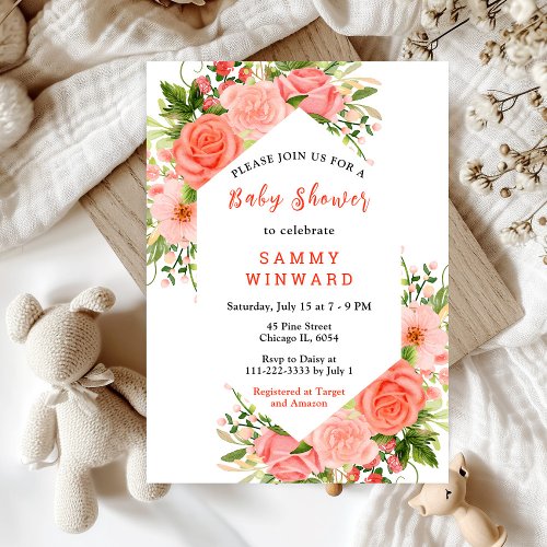 Coral Pink Red Roses Floral Baby Shower Invitation