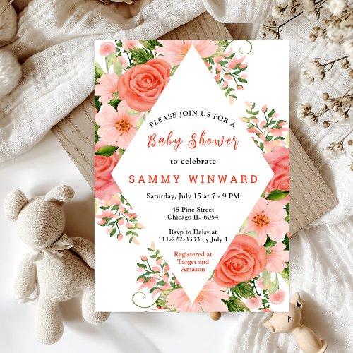 Coral Pink Red Roses Floral Baby Shower Invitation