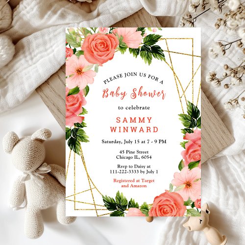 Coral Pink Red Roses Floral Baby Shower Invitation