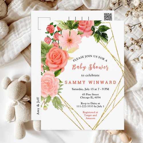 Coral Pink Red Roses Floral Baby Shower Postcard